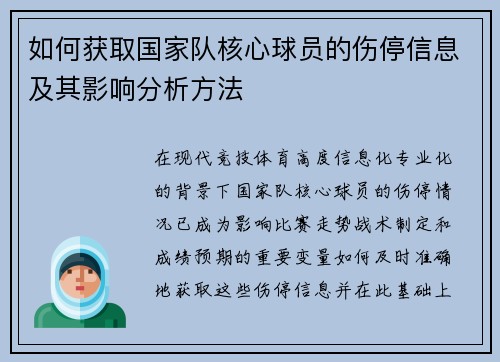 如何获取国家队核心球员的伤停信息及其影响分析方法 如何获取国家队核心球员的伤停信息及其影响分析方法